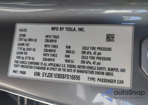 2025 Tesla Model 3 Long Range All-Wheel Drive из США, поврежденный, VIN 5YJ3E1EB0SF016895